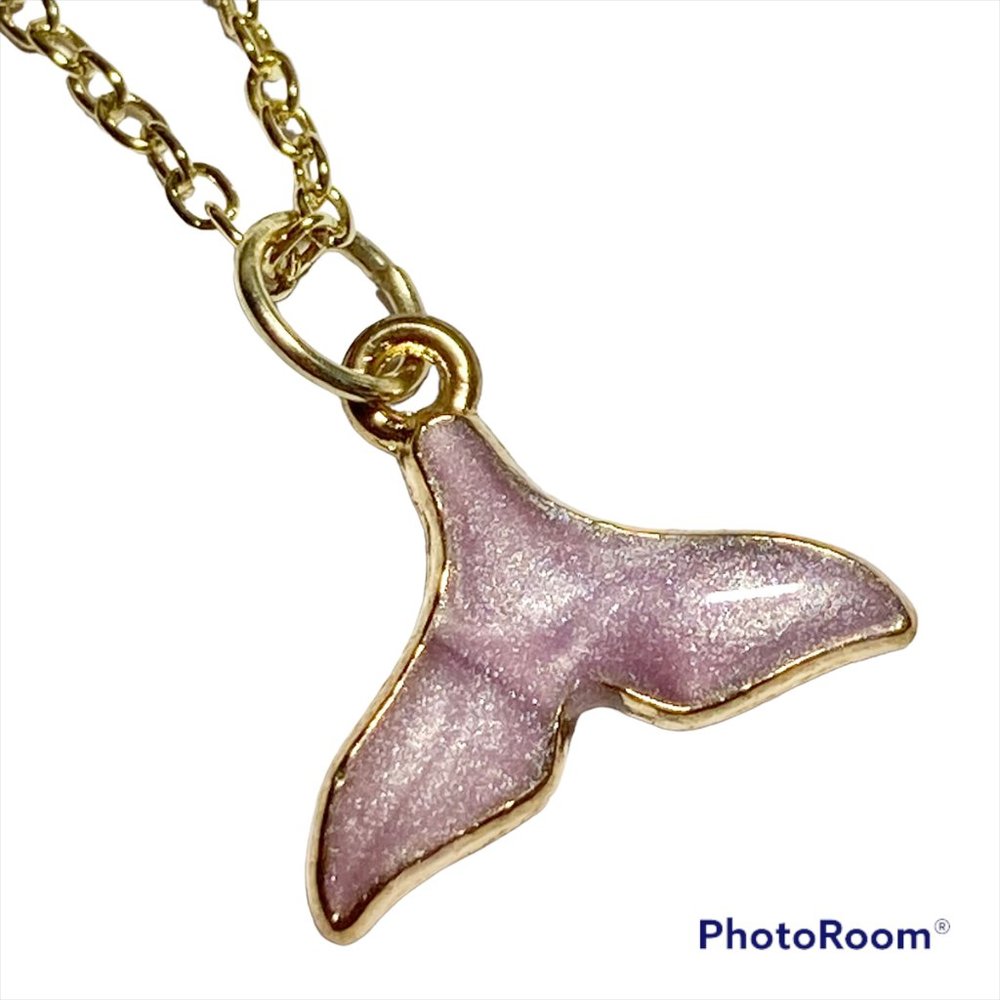 Lavender Pink Mermaid Whale Tail Pendant Necklace Gold Plated 18" Nautical Beach